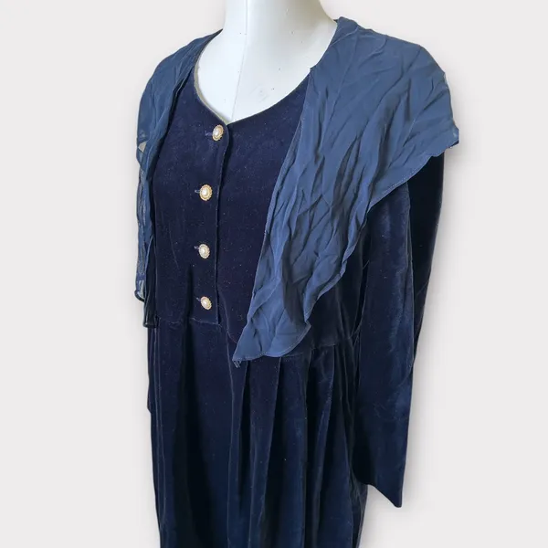 Vintage 80s Laura Ashley Blue Velour Maxi Dress Womens 12 Romantic Cottagecore - Image 6