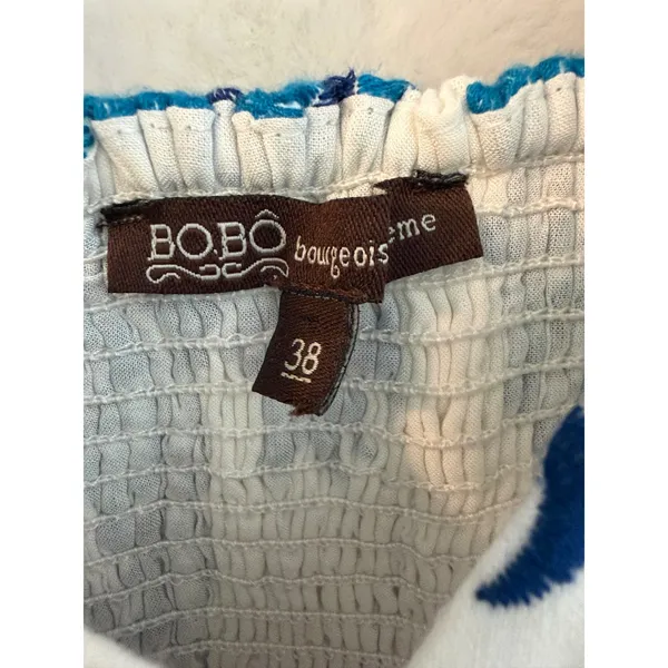 BoBo Bourgeois Boheme Blue Floral Embroidered Puff Sleeve Top Size 38 V-Neck - Image 2