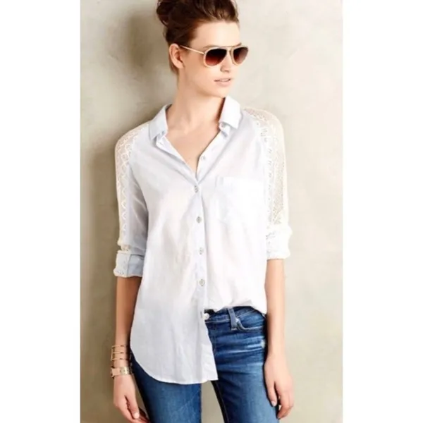 Anthropologie HOLDING HORSES White Lace Sleeve Buttondown‎ Shirt Top Lacey Small - Image 14