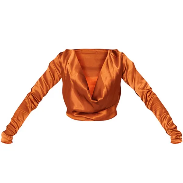 Pretty Little Thing New Satin Cowl Neck Long Sleeve Crop Top Rust Size 6 - Image 6