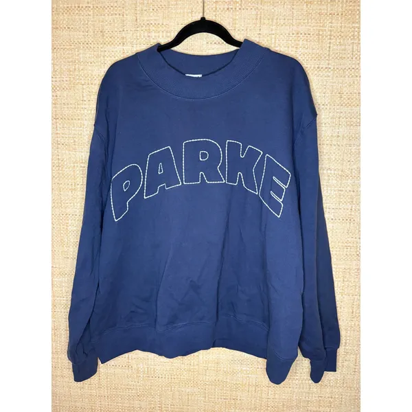 Parke Navy Blue Oversized Whipstitch Logo‎ Sweatshirt L/XL NWT - Image 2