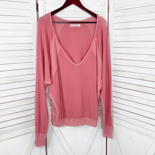 Free People Santa Clara Thermal‎ Oversized Shirt Coral Pink Orange Medium - Image 9