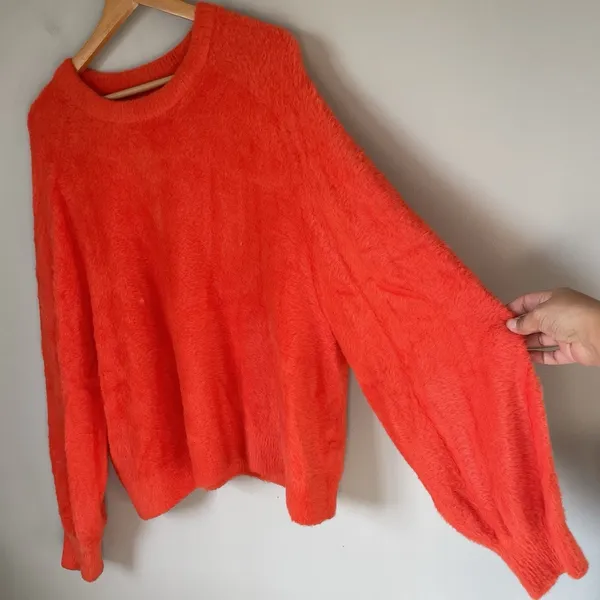 Aerie Oversized Flurry Crewneck Sweater Orange Fuzzy Cozy Women's Size Large - Image 3