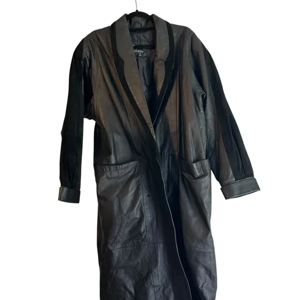 Vintage 90's Marco Morani Black Leather Long Trench Coat Women’s L Suede Trim - Image 4