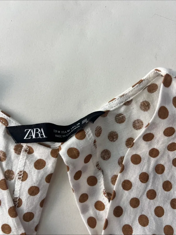 ZARA Linen Blend Polka Dot Crop Deep V Neck Tie Back Blouse Top White Mustard M - Image 7