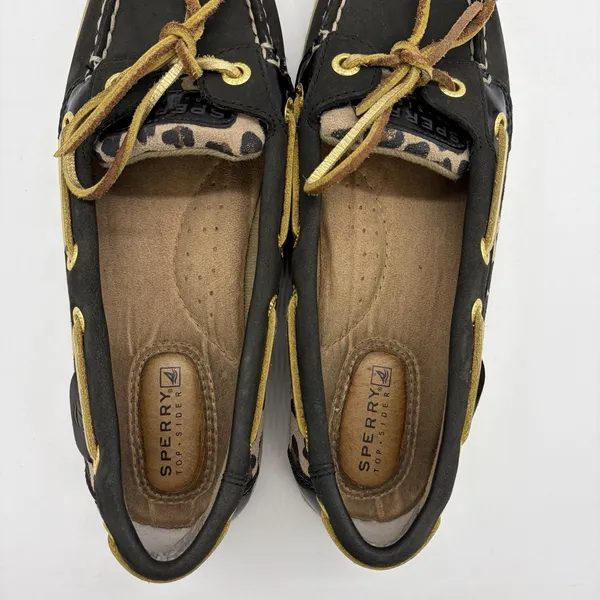 Sperry Top-Sider Womens 6 Boat Shoes Angelfish Black Leopard Lace Up Gold Laces - Image 7