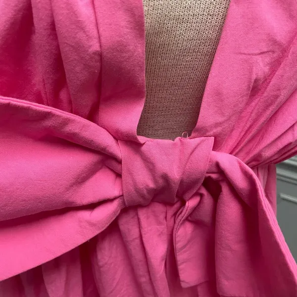Bucket List Bright Pink V Neck Big Bow Poplin Dress Size Large - Image 6
