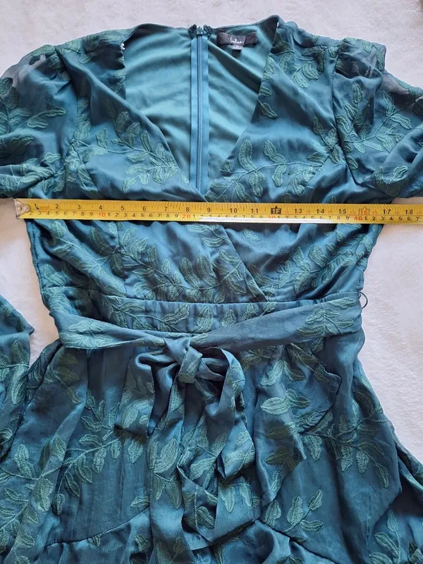 Lulus Green Leaf Embroidered Long Sleeve Tiered Mini Dress M - Image 10