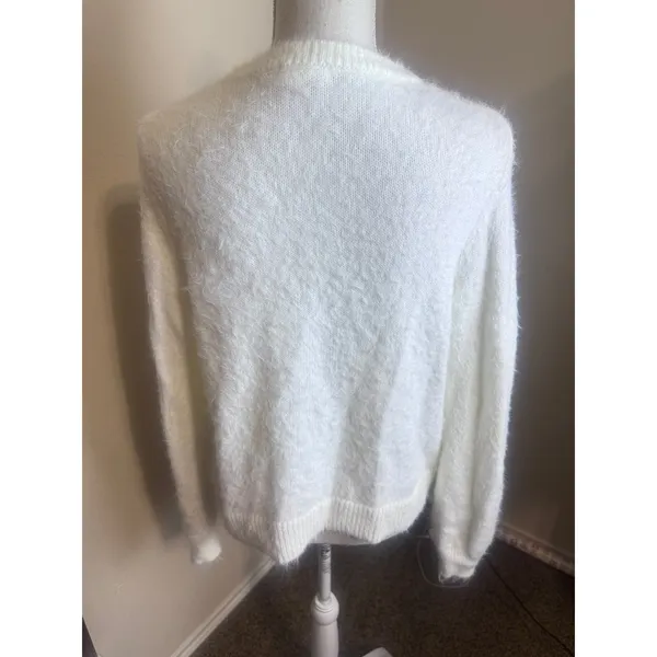 HM White Eyelash Fluffy Knit Sweater Womens Small Fuzzy Crew Neck Pullover - Image 3