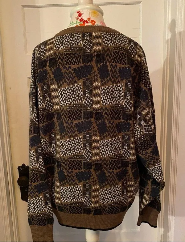 80s Patterned Sweater Green Size L - Image 3