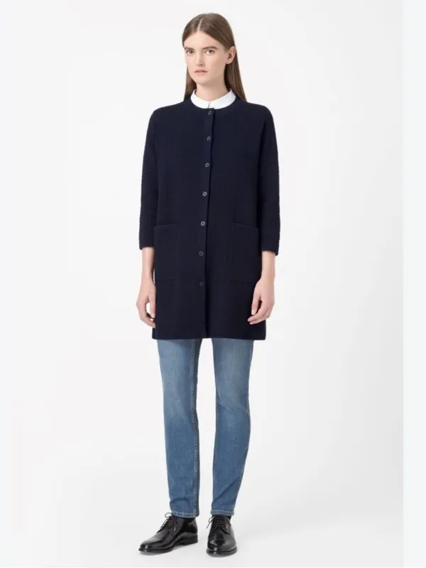 COS Textured Oversized Button Front Swing Navy Blue Large Cardigan Sweater Small - Image 2