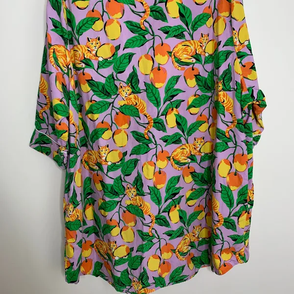 Printfresh Orange Cat & Fruit Purple Long Sleeve Pajama Rare Womens Dress 3XL - Image 6