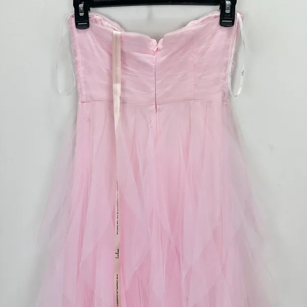 Lulus Delightful Beauty Pink Mesh Strapless Ruched Ruffled Maxi Dress Small NWT - Image 10