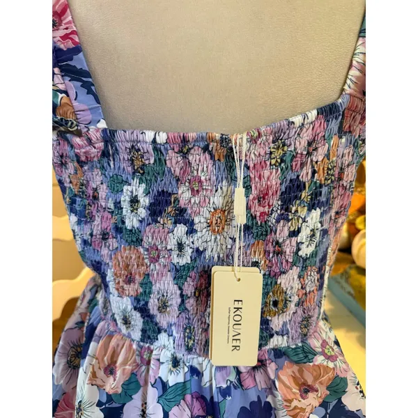 Ekouaer Floral Smocked Jumpsuit XL Purple Pink Wide Leg ruffle NWT cottage boho resort y - Image 3