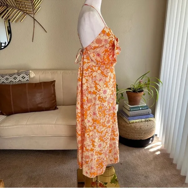 J. CREW Tie Front 100% Cotton Poplin Midi Loose Fit Dress in Orange Floral Small - Image 6
