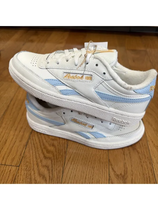 Size 6 US women’s Reebok Club C Revenge Sneakers White Light Blue Gold Leather - Image 2
