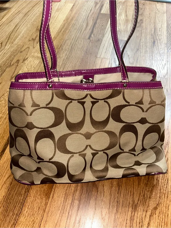 Coach Vintage Fuschia & Brown Signature Stripe Framed Carryall F19190 - Image 3
