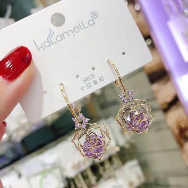 Women's Rose Flower Purple Crystal Dangle Drop Earrings Gold - Image 4