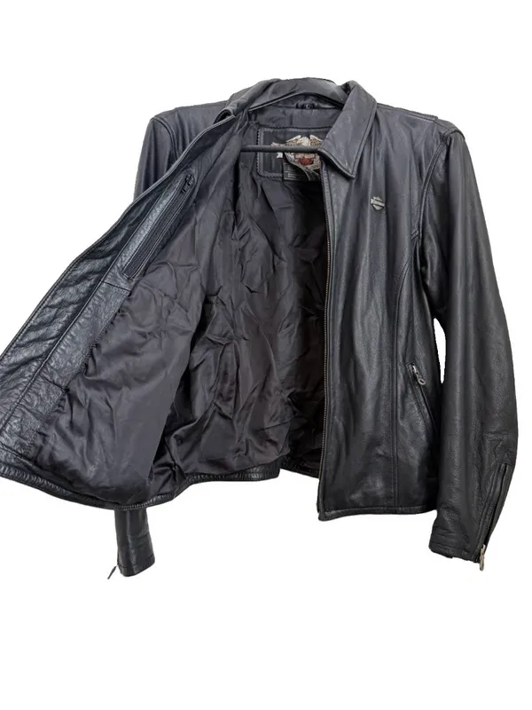 Vintage HARLEY DAVIDSON Black Leather Ruched Motorcycle Jacket Women’s Size L - Image 3