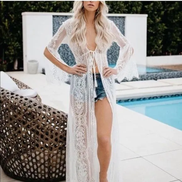 White lace mesh kimono cardigan cover up swim cover up - Image 2