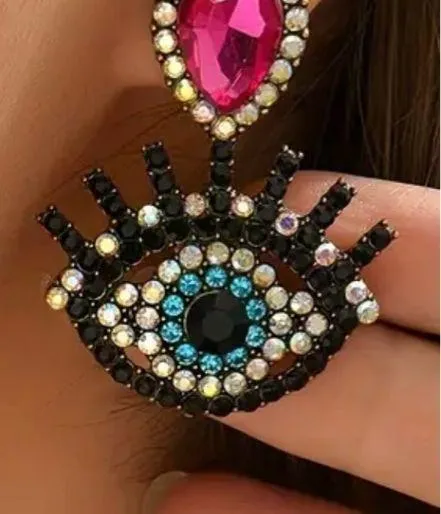 Exquisite Design Rhinestone Eye Earrings Pink - Image 3