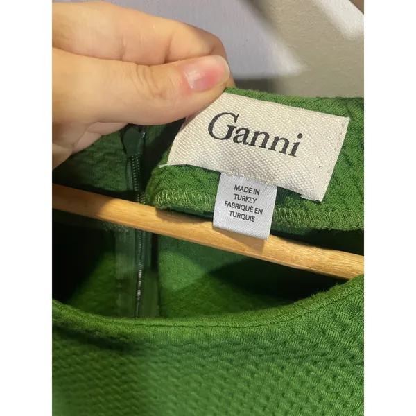 Ganni Textured‎ Mini Dress Womens XS Green Short Sleeve Pleated Fit Flare Scandi - Image 4