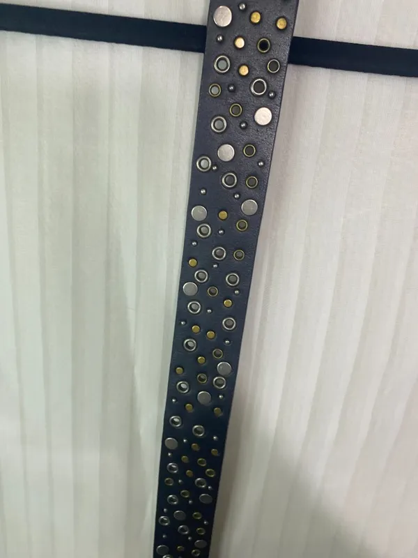 Black Genuine Bonded Leather Studded Grommet Belt Brass Tone Buckle Boho Punk - Image 3