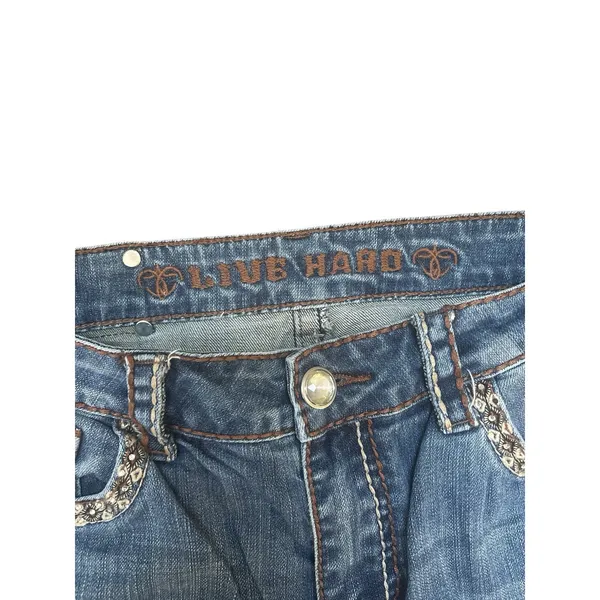 Women's Y2K Rhinestone Embellished Pocket Denim Blue Jeans Boot Cut Stretch Size - Image 4