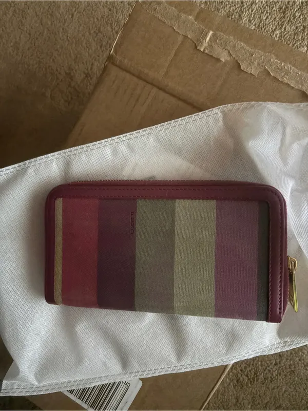 Striped‎ Zip-Around Fendi Wallet in Burgundy and Olive - Image 2