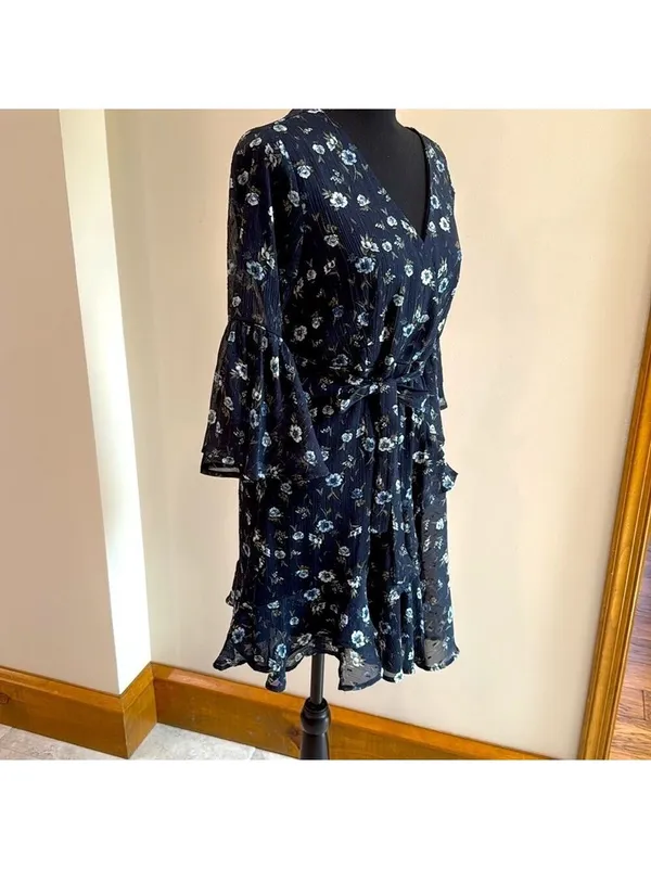 Altar’d State Women's Blue Floral Metallic Stripe Mini Ruffle Dress Size Medium - Image 3