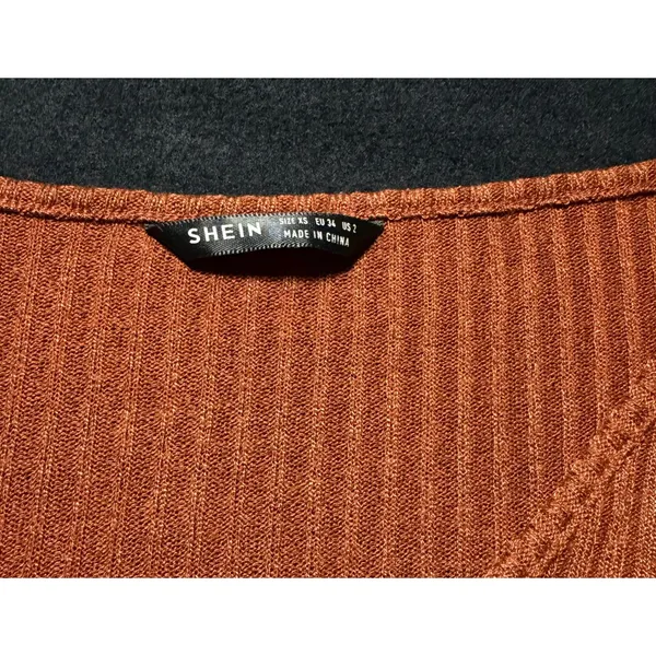 SHEIN Orange Ribbed Twist Front‎ Long Sleeve Crop Top Women's XS - Image 3