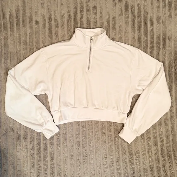 TNA‎ Aritzia White Cozy Fleece Mega Quarter-Zip Cropped Sweatshirt Womens Small - Image 2