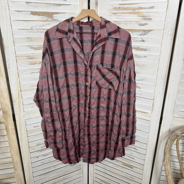 CUTLOOSE Women's XL Plaid Long Sleeve Shirtdress Maroon Burgundy Y2K Grunge - Image 13