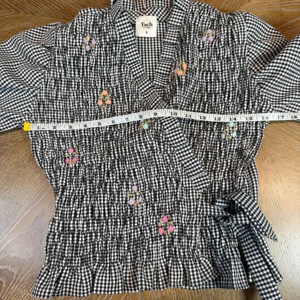 Tach Cedrina Gingham Embroidered Smocked Wrap Blouse Black White‎ Size Small - Image 8