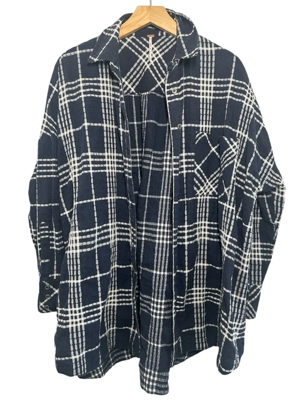 Free People Oversized Navy & White Flannel Plaid Button-Up Shirt - Image 2