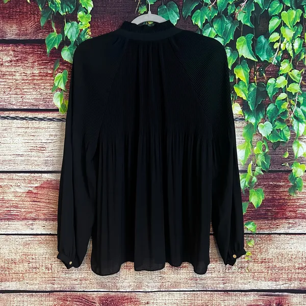 Ralph Lauren Pleated Georgette Tie Neck Blouse Large Black Long Sleeve Top Fancy - Image 5