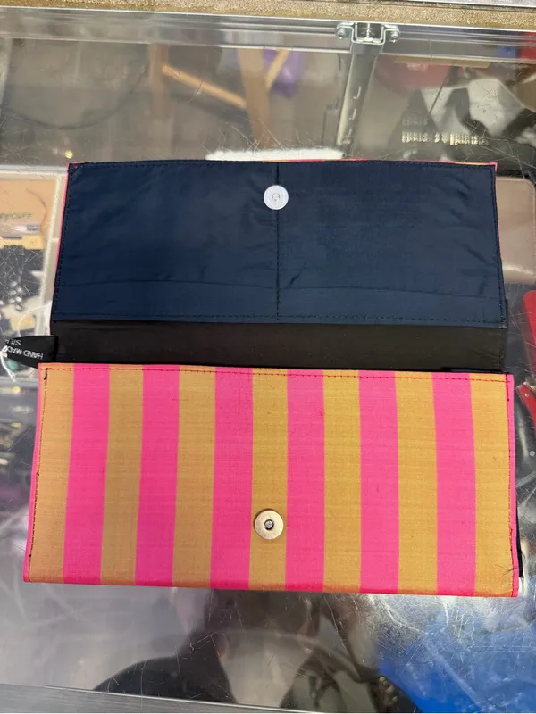 100% Silk Pink & Gold Striped Foldover Clutch Wallet - Image 4