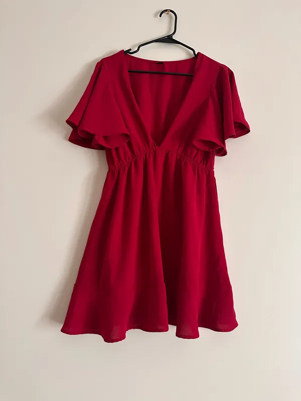 SheIn Red Flutter Sleeve Deep V Neck Fit & Flare Mini Dress L 8/10 - Image 2