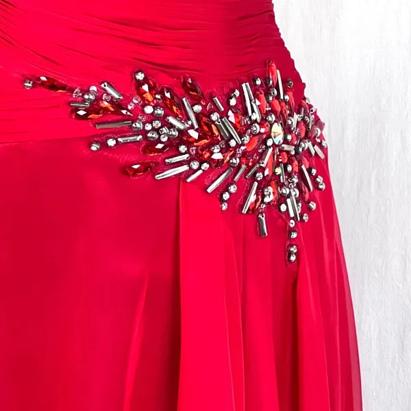 VTG Flowy Red Chiffon One Shoulder Rhinestone Prom Evening Gown XS Train - Image 5