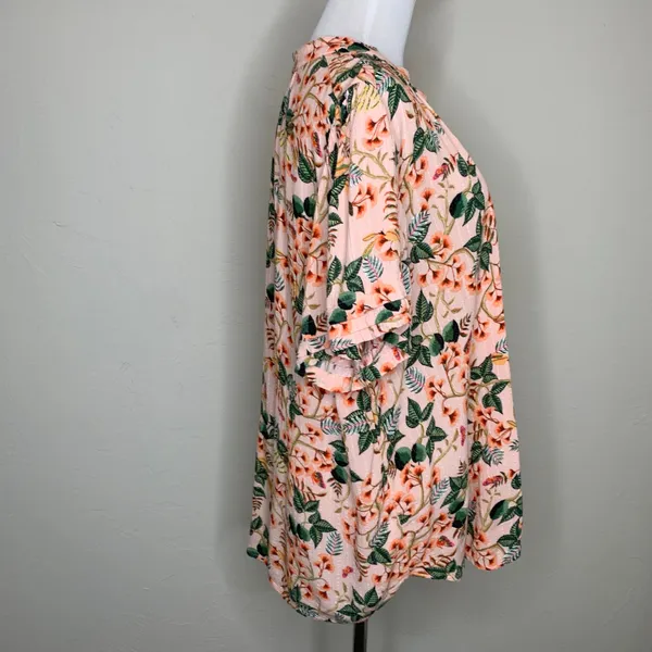 LOFT Peach Floral Blouse Crinkle Fabric Sz XL 100% Viscose - Image 4