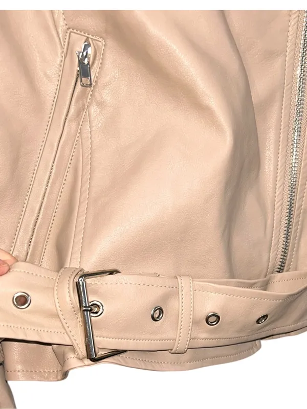 Zenana Beige Blush Vegan Faux Leather Belted Moto Jacket M - Image 6