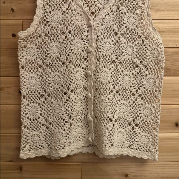 Vintage Chazzz Charles Ghailian Large Open Knit Crochet Button Front Vest Boho - Image 4