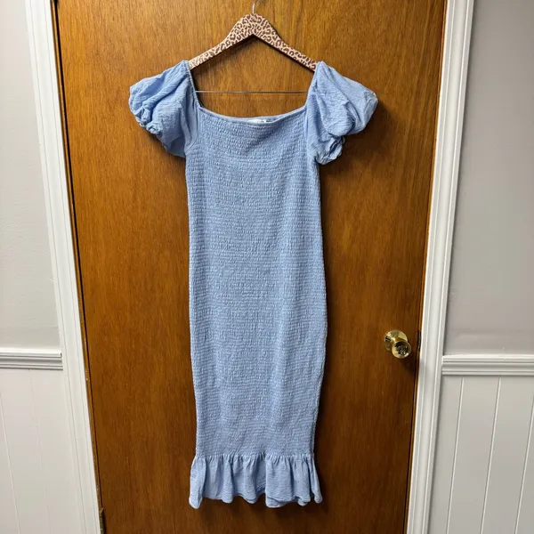 Baltic Born Alana Smocked Puff Sleeve Off the Shoulder Midi Light Blue Large - Image 13
