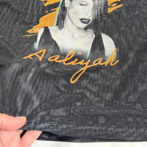 Aaliyah Mesh Long Sleeve Crop Top Black Graphic XS‎ (14-16) Y2K 90s Streetwear - Image 4