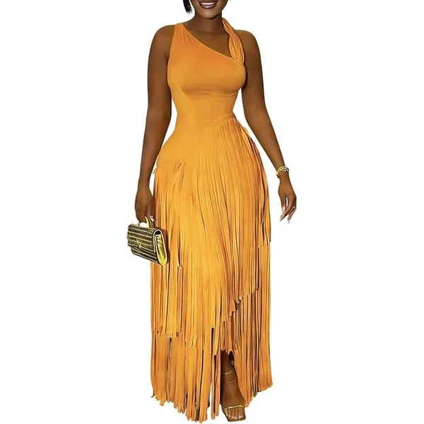 NWT ~ Women's Long Sleeveless Light Orange Fringe Maxi Party Dress ~ Size XL - Image 2