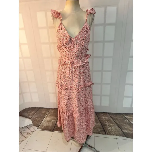 Petal & Pup Red White Deep V-Neck Ruffled Tiered Cutout Back Maxi Sundress Sz 8 - Image 3