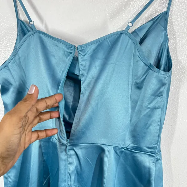 VENUS Teal Satin Slip Dress Size 8 Cowl Neck Adjustable‎ Straps Midi Slit Party - Image 7