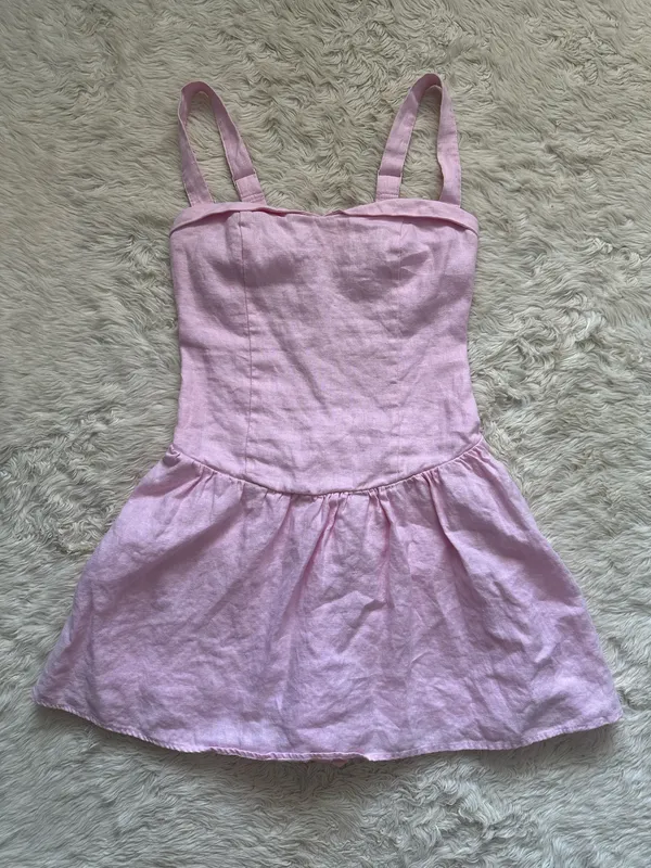 Abercrombie & Fitch Dress 100% Linen Drop Waist Mini Built In Shorts Pink Sz L - Image 2