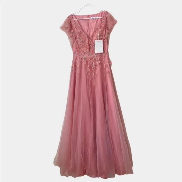 NEW Mac Duggal 11224 - Pink V-Neck‎ A-Line Prom Gown Maxi Dress Size 8 - Image 3