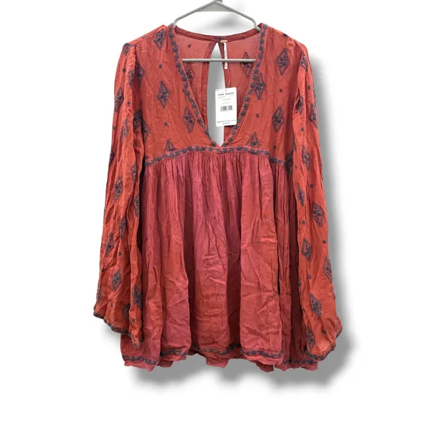 Free‎ People Tunic Womens S Red Embroidered Babydoll V Neck Boho NWT Flawed - Image 3